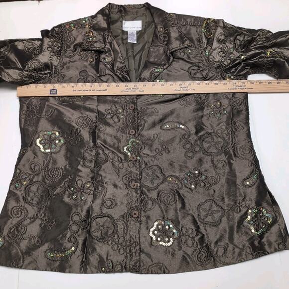 Susan Graver Sequin Embroidered Jacket Women's Plus Size 1X Green/Brown Dressy - Picture 10 of 16